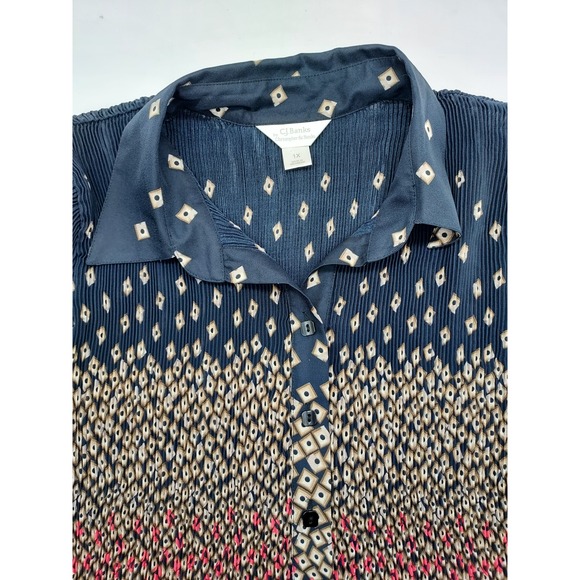CJ Banks Christopher & Banks 1X Blouse Top Diamond Print Pleated Navy - Picture 1 of 6